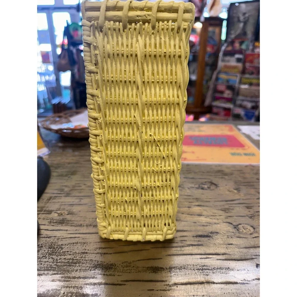 Vintage 70s Boho Yellow Wicker Kleenex Holder